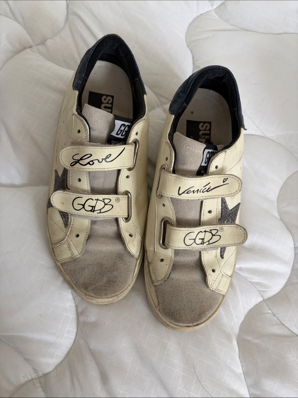 Golden Goose Cream and Black 'Love Venice' Velcro Sneakers
